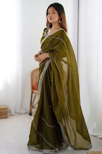 Mahendi thread sequin organza silk party wear saree
