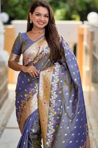 Grey elegant art silk woven saree with rich zari border