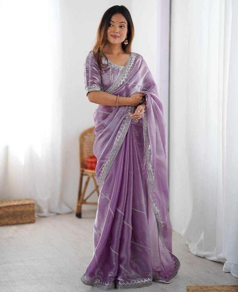 Lavender thread sequence organza silk party wear saree