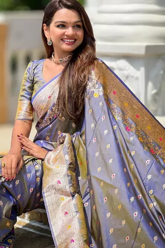 Grey elegant art silk woven saree with rich zari border