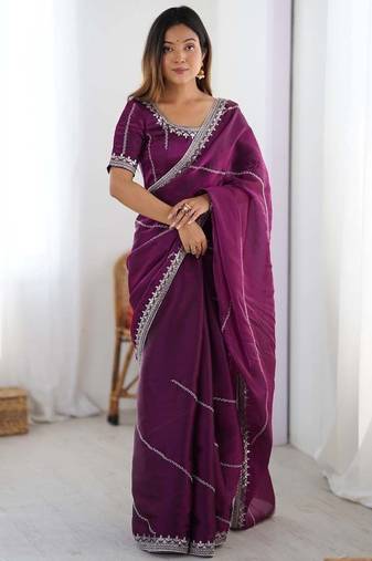 Wine thread sequence organza silk party wear saree