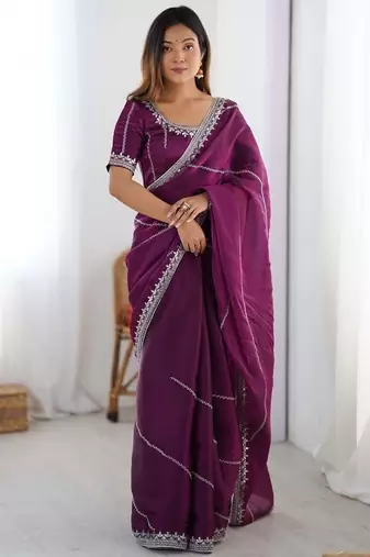 Wine thread sequence organza silk party wear saree