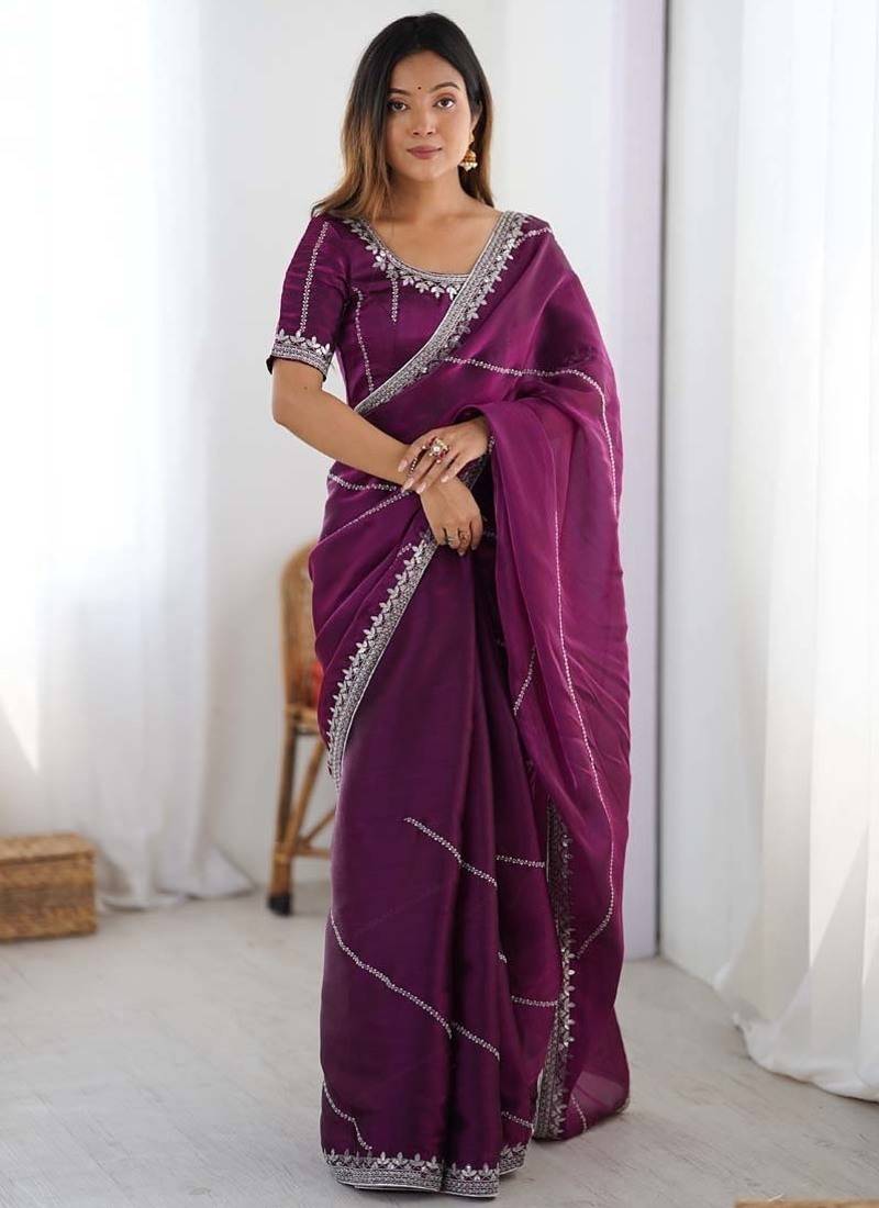 Wine thread sequence organza silk party wear saree