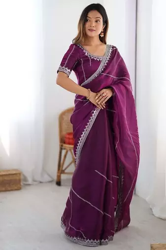 Wine thread sequin organza silk party wear saree