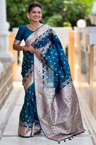 Turquoise elegant art silk woven saree with rich zari border