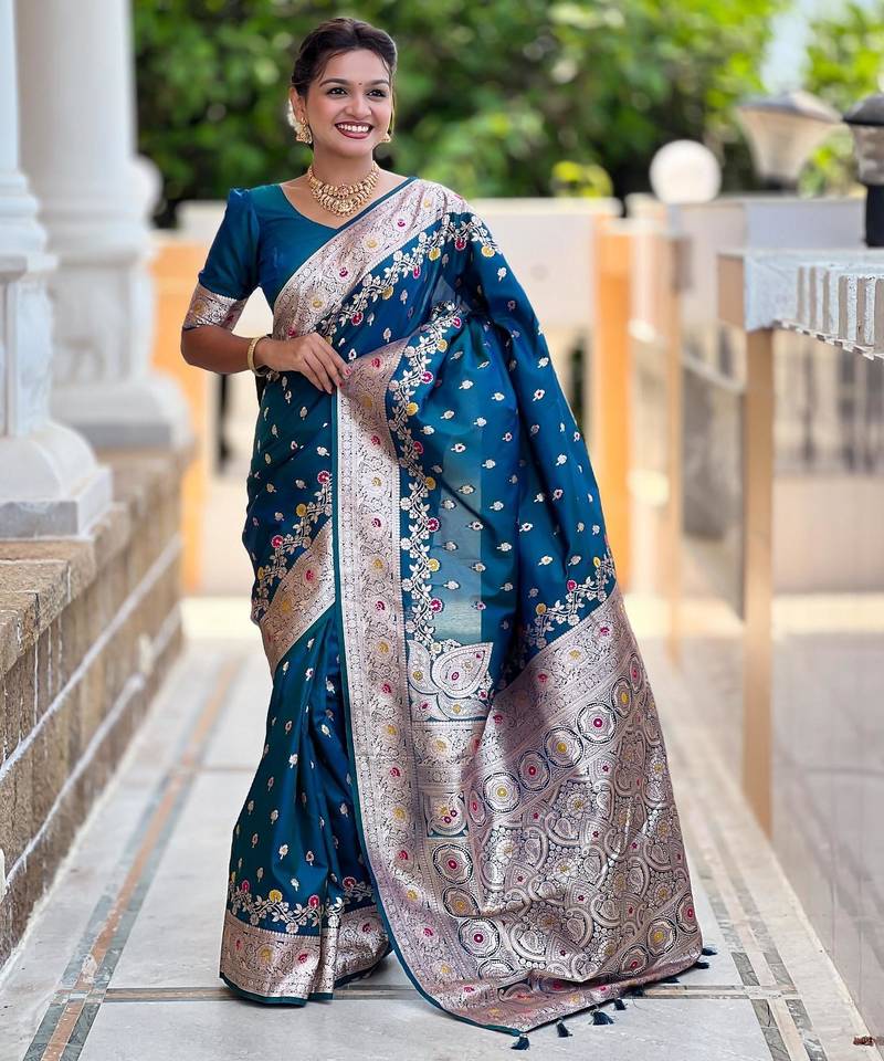 Turquoise elegant art silk woven saree with rich zari border