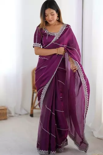 Wine thread sequin organza silk party wear saree