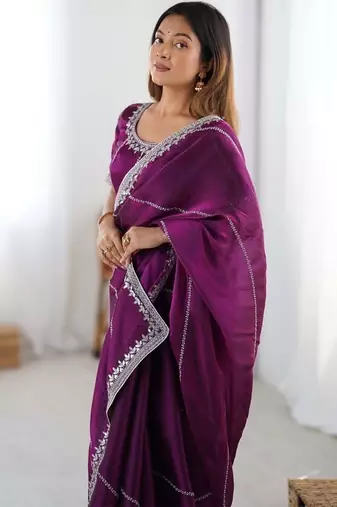 Wine thread sequin organza silk party wear saree