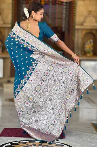 Turquoise elegant art silk woven saree with rich zari border