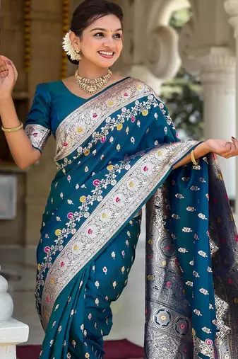 Turquoise elegant art silk woven saree with rich zari border