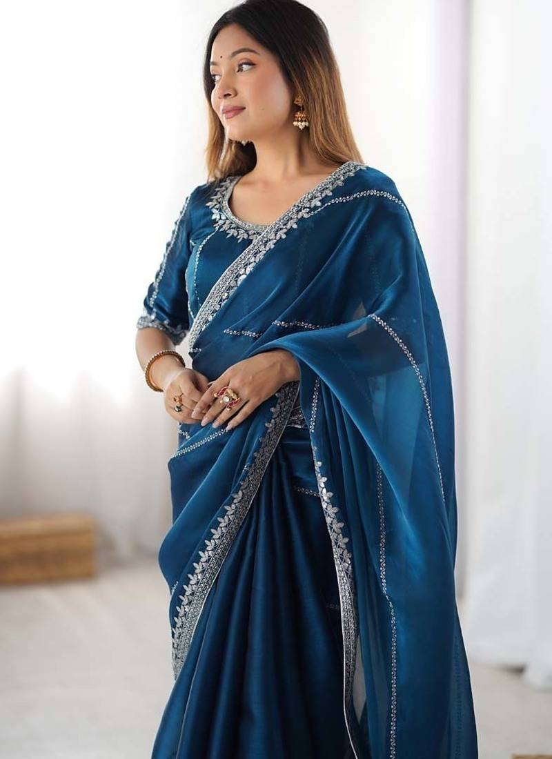 Rama thread sequence organza silk party wear saree