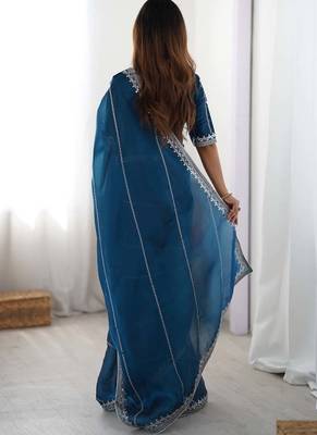 Rama thread sequin organza silk party wear saree 5