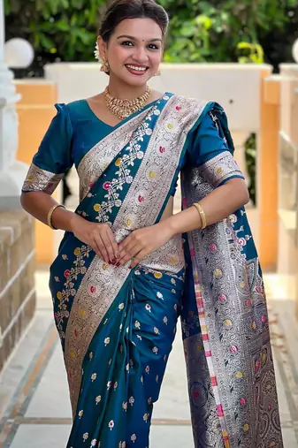 Turquoise elegant art silk woven saree with rich zari border