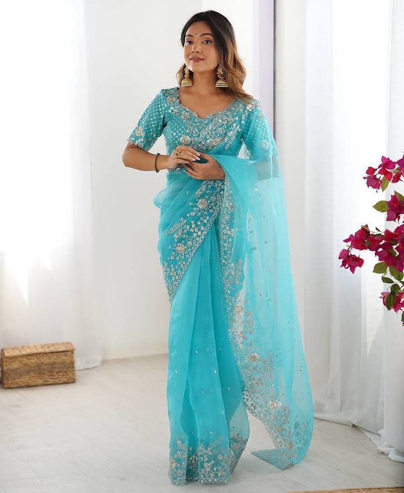 Sky blue thread sequence organza silk party wear saree