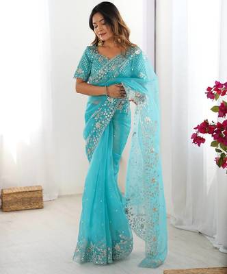 Sky blue thread sequin organza silk party wear saree 2