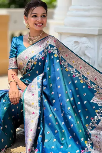 Turquoise elegant art silk woven saree with rich zari border