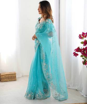 Sky blue thread sequin organza silk party wear saree 3