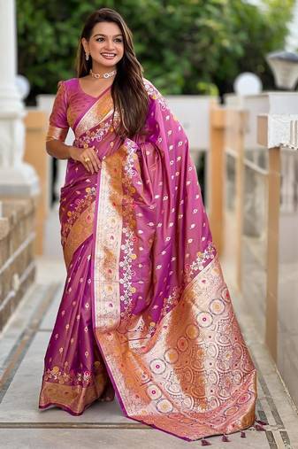 Onion pink elegant art silk woven saree with rich zari border