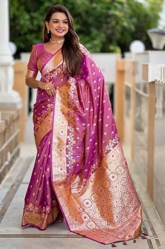 Onion pink elegant art silk woven saree with rich zari border