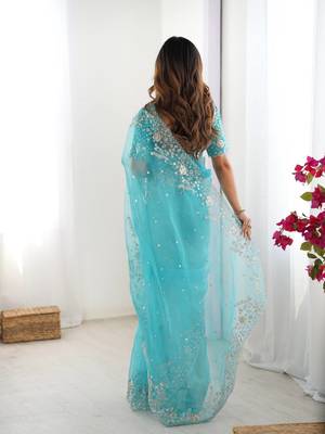 Sky blue thread sequin organza silk party wear saree 5