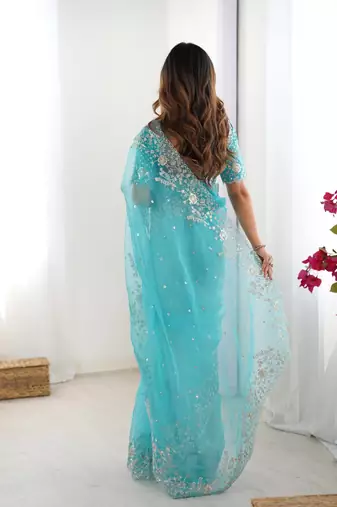 Sky blue thread sequin organza silk party wear saree