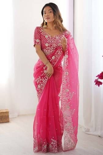 Pink thread sequence organza silk party wear saree