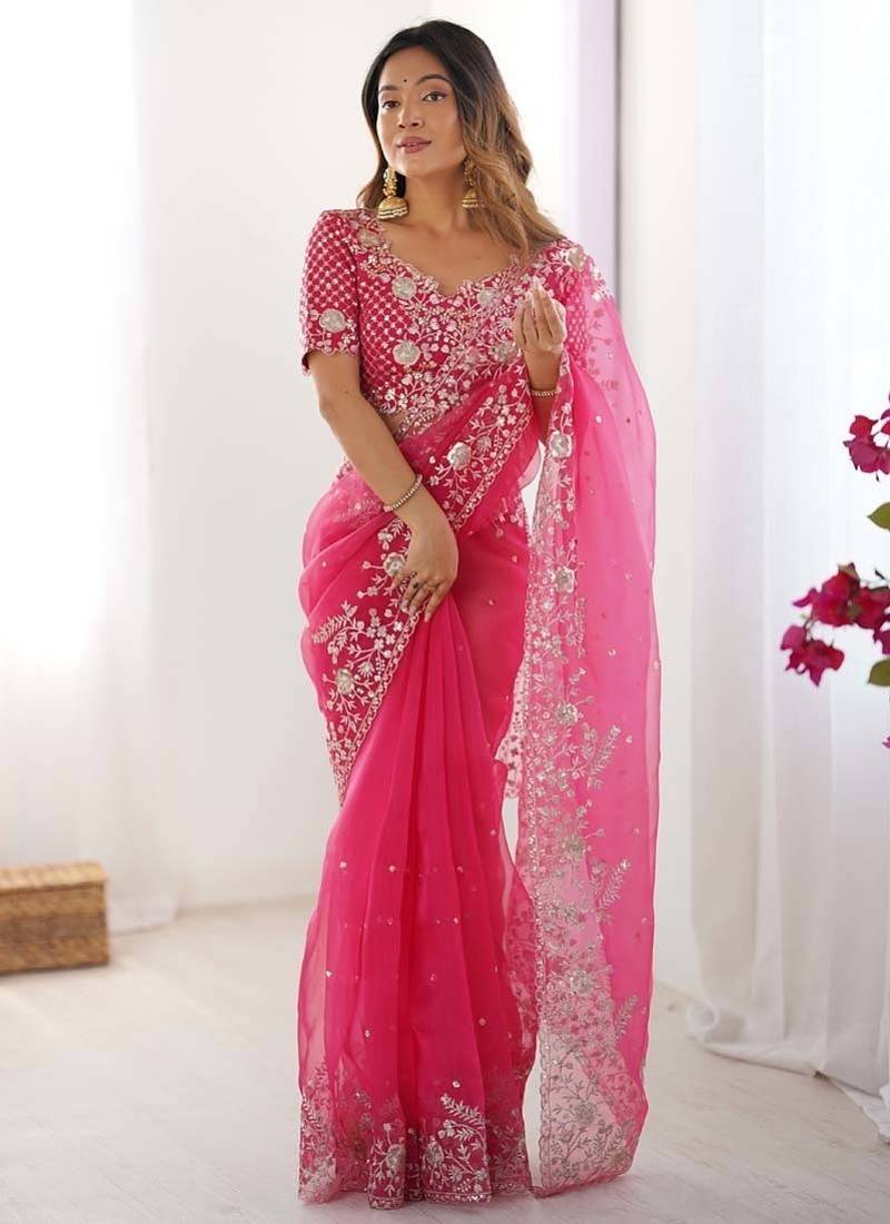 Pink thread sequence organza silk party wear saree