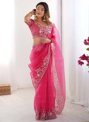 Pink thread sequin organza silk party wear saree 2