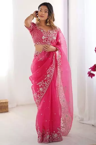 Pink thread sequin organza silk party wear saree