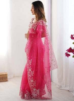Pink thread sequin organza silk party wear saree 3