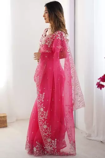 Pink thread sequin organza silk party wear saree