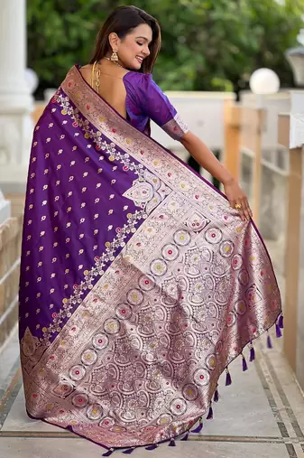 Purple elegant art silk woven saree with rich zari border