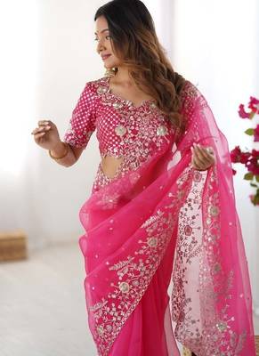 Pink thread sequin organza silk party wear saree 4