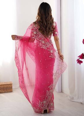 Pink thread sequin organza silk party wear saree 5