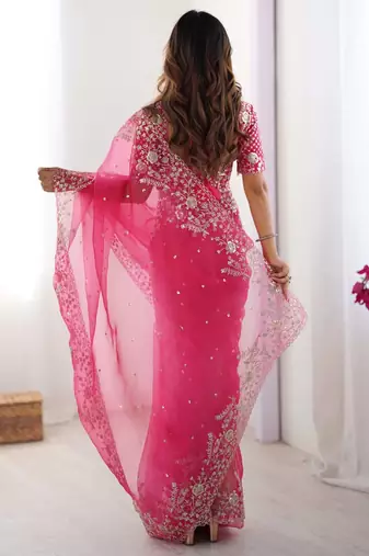 Pink thread sequin organza silk party wear saree