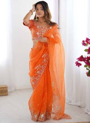 Orange thread sequin organza silk party wear saree 1