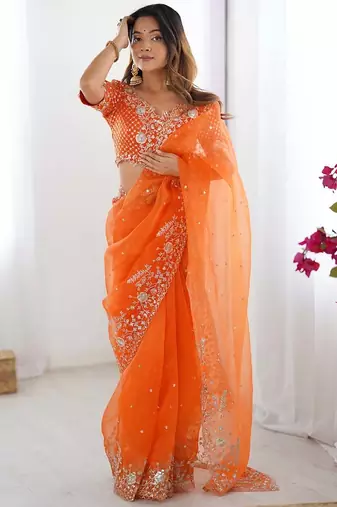 Orange thread sequence organza silk party wear saree
