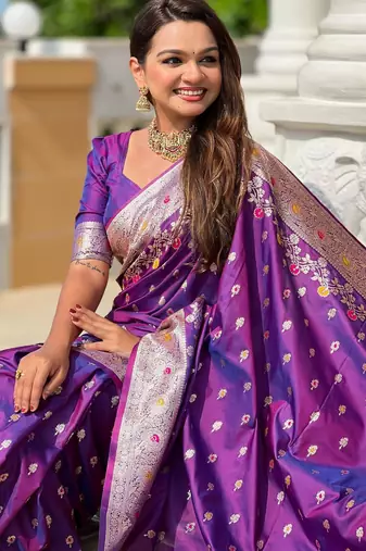 Purple elegant art silk woven saree with rich zari border
