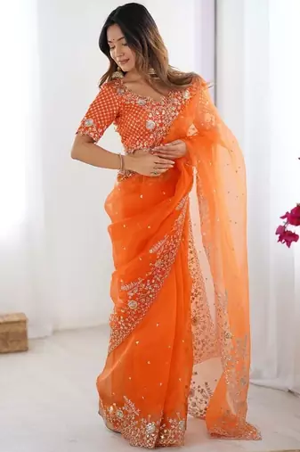 Orange thread sequin organza silk party wear saree