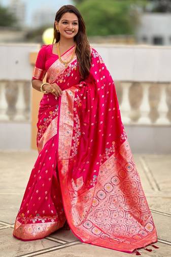 Pink elegant art silk woven saree with rich zari border