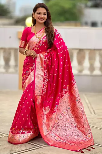 Pink elegant art silk woven saree with rich zari border