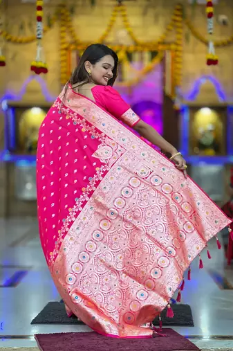 Pink elegant art silk woven saree with rich zari border