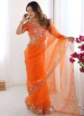 Orange thread sequin organza silk party wear saree 3