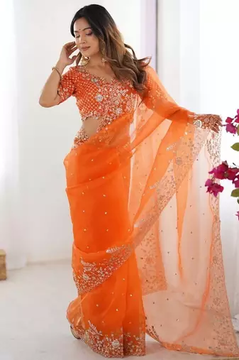 Orange thread sequin organza silk party wear saree