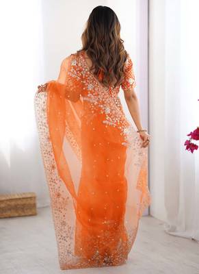 Orange thread sequin organza silk party wear saree 4