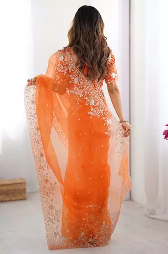Orange thread sequin organza silk party wear saree