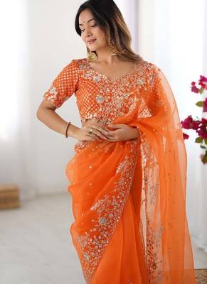 Orange thread sequin organza silk party wear saree 5