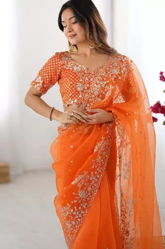 Orange thread sequin organza silk party wear saree