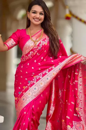 Pink elegant art silk woven saree with rich zari border