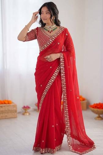 Red sequence beds work organza silk party wear saree